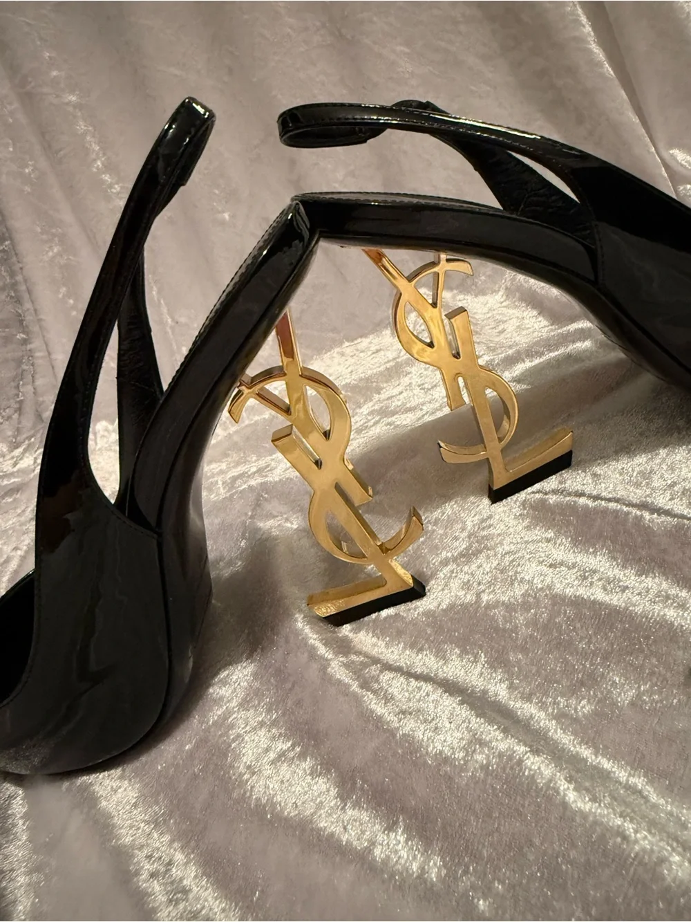Saint Laurent Black Patent Opyum Slingback Heels with Gold Logo Heel - Picture 3 of 13